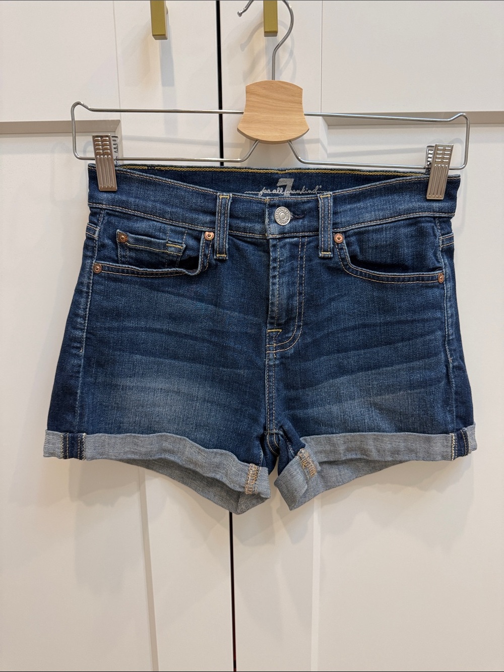 7 For All Mankind Dark Blue Rolled-Hem Denim Shorts